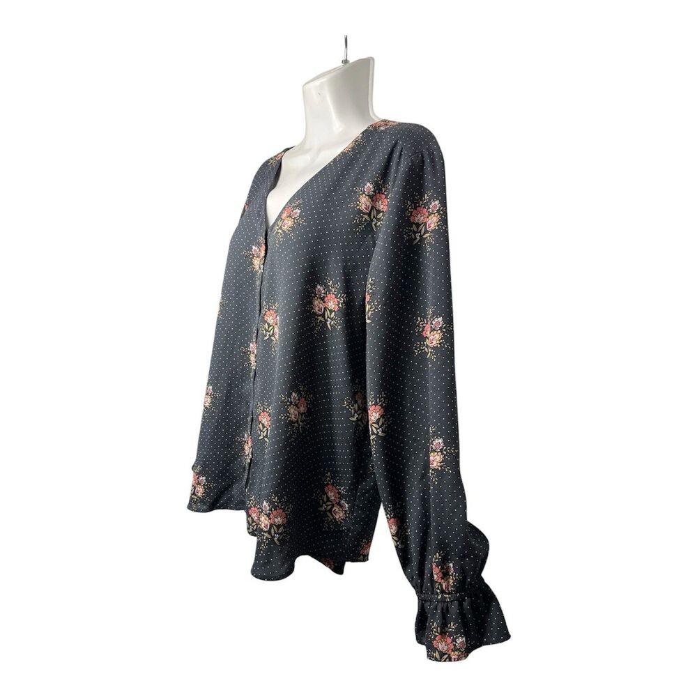 LOFT Women Button Up Blouse XL Gray Floral Polka Dot V-Neck Long Sleeve Boho Top - Picture 5 of 8
